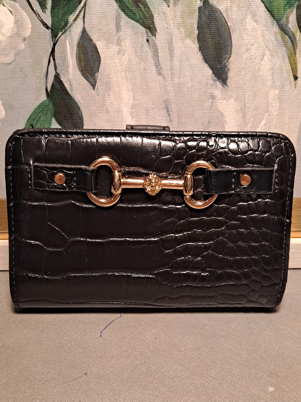 Anne Klein Iconic Black Croc-Embossed Faux Leather Wallet Gold Horsebit Accent